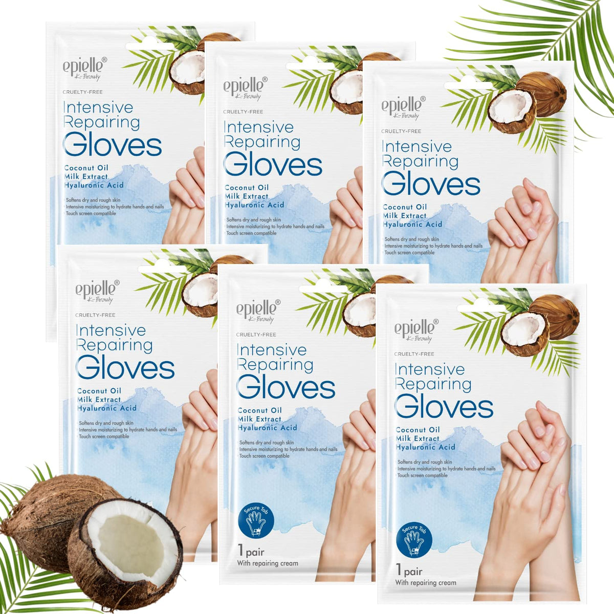 Epielle Intensive Repairing Hand Mask 6 Pairs, Soften with Coconut Oil & Milk Extract, Deep Moisturizing Gloves for Dry, Rough Skin, Self Care Gifts for Women, Spa Kit