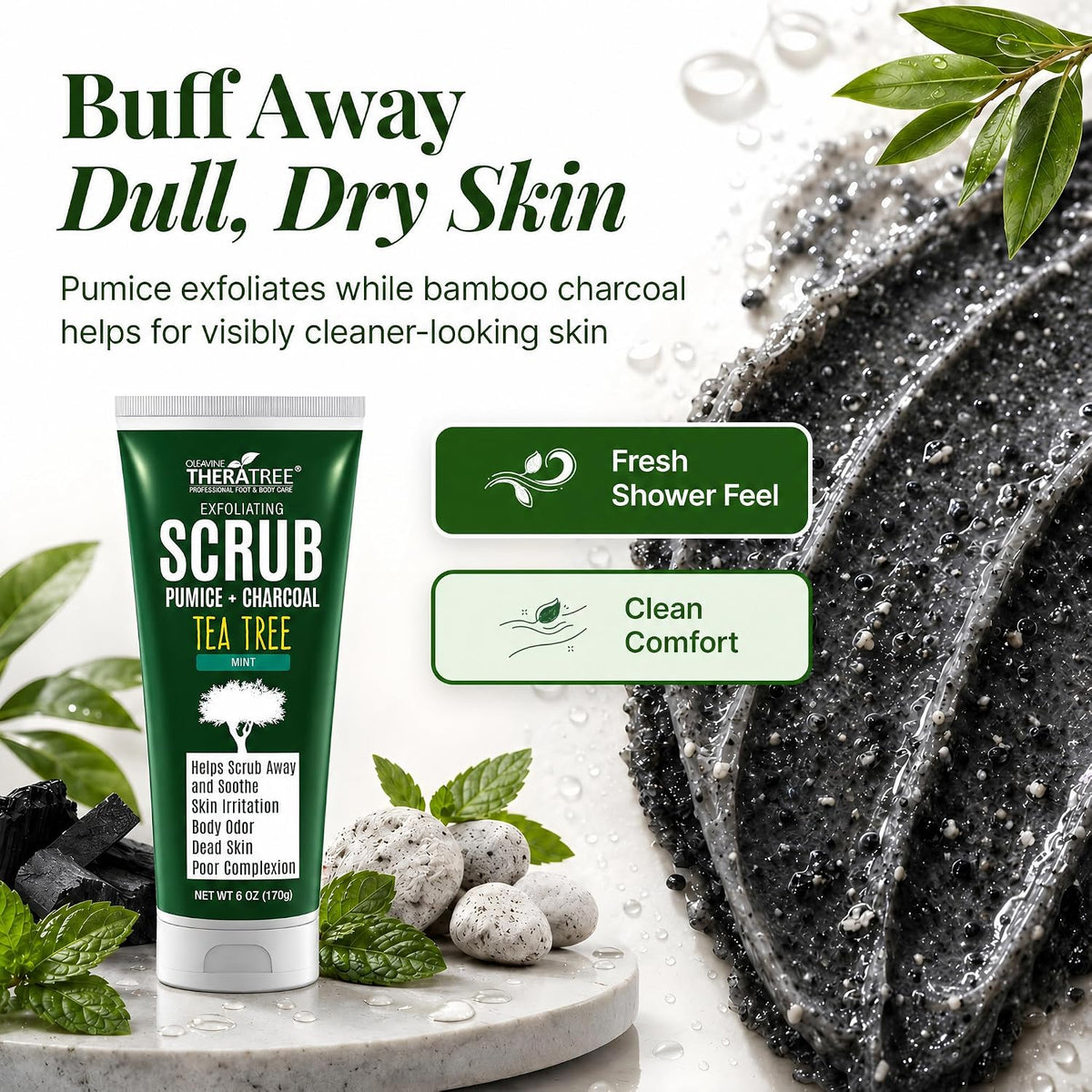 TheraTree Tea Tree Oil Exfoliating Scrub, Pumice & Charcoal, 6 oz