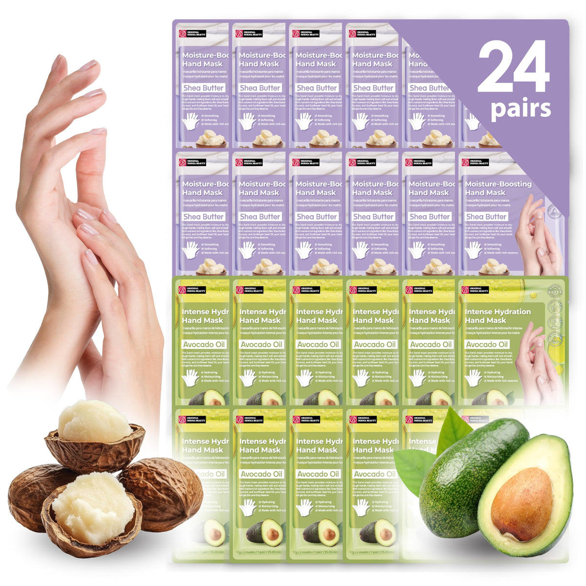 Innerest 24 PK Original Derma Beauty Hand Mask Bulk Moisturizing Hand Gloves for Dry Hands Nail Care Essential, Best Holiday Gift Idea, Stocking Stuffers, Self Care Gift Women (Shea Butter + Avocado)