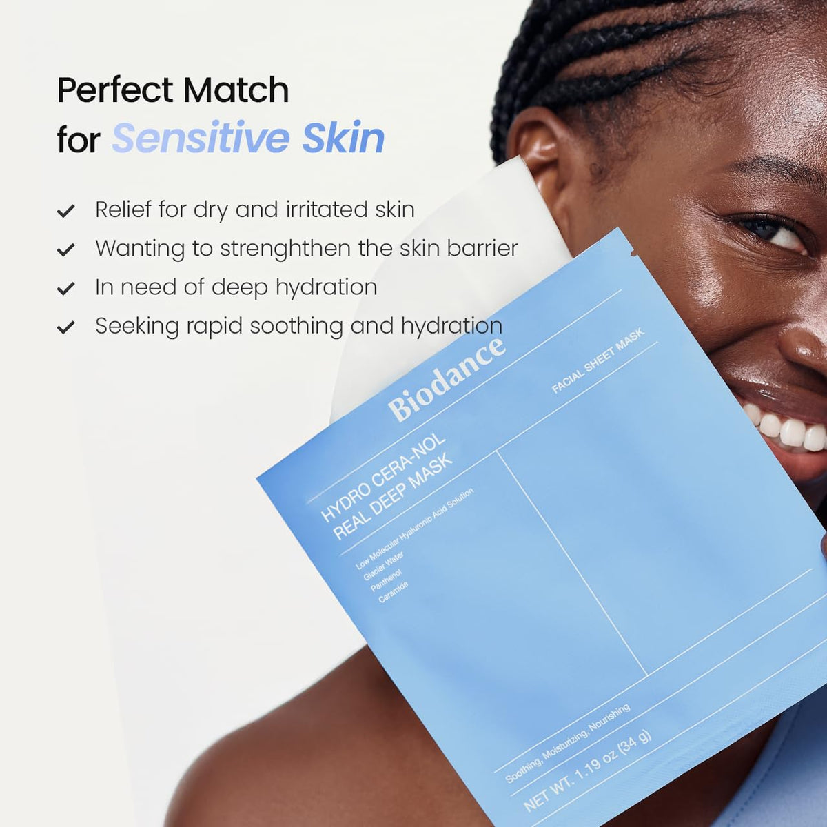 BIODANCE Hydro Cera-nol Real Deep Mask, Hydrating Overnight Hydrogel Face Mask, Moisturizing, Redness Reducing, Quick Soothing, After Sun Care, Sunburn Relief, Korean Skin Care |1.19oz(34g) x4ea