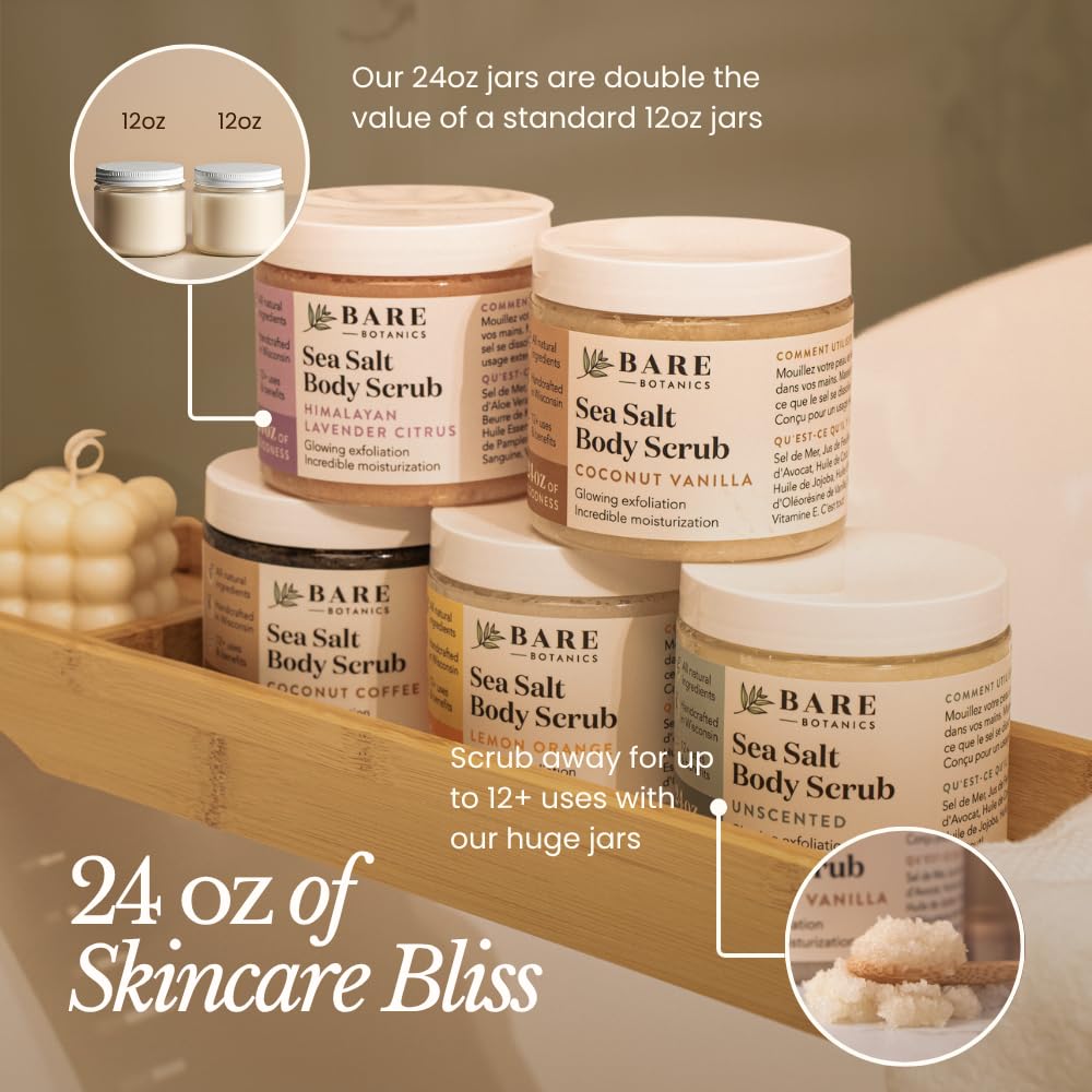 Bare Botanics 24oz Unscented Sea Salt Body Scrub Natural Exfoliator