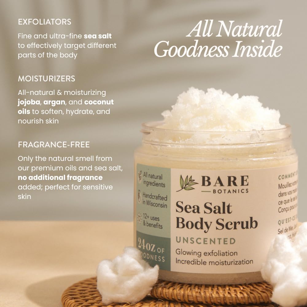 Bare Botanics 24oz Unscented Sea Salt Body Scrub Natural Exfoliator