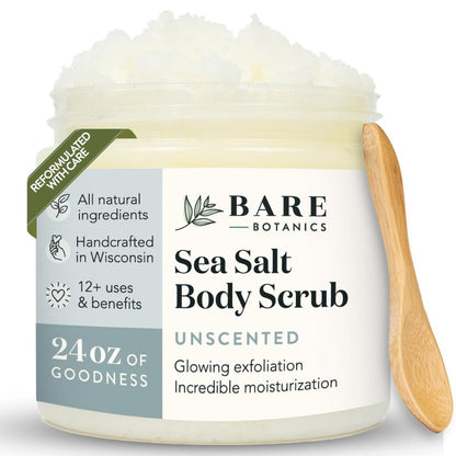 Bare Botanics 24oz Unscented Sea Salt Body Scrub Natural Exfoliator