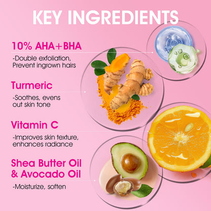 Bikini Area Exfoliator with 10% AHA+BHA & Turmeric, Ingrown Hair & Razor Bumps for Bikini Underarm Area, Skin Moisturizing, Smoothing, Even Skin Tone Exfoliating Body Scrub with Walnut Shell Powder