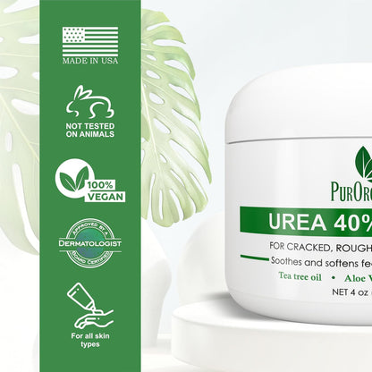 PurOrganica Urea Cream 40% – Made in USA, Maximum Strength Foot Cream for Dry, Cracked Heels, Corns, Calluses & Rough Feet, Exfoliating Moisturizer