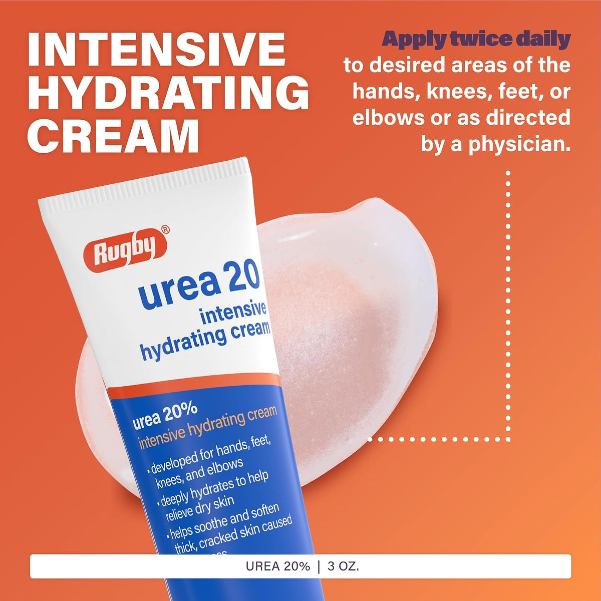 Rugby Urea 20% Intensive Hydrating Cream - Urea Cream for Feet, Hands, Knees, and Elbows - 3 Oz (1 Pack)