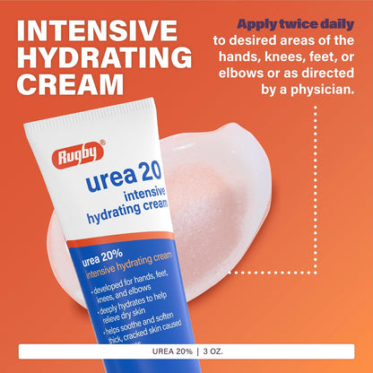 Rugby Urea 20% Intensive Hydrating Cream - Urea Cream for Feet, Hands, Knees, and Elbows - 3 Oz (1 Pack)