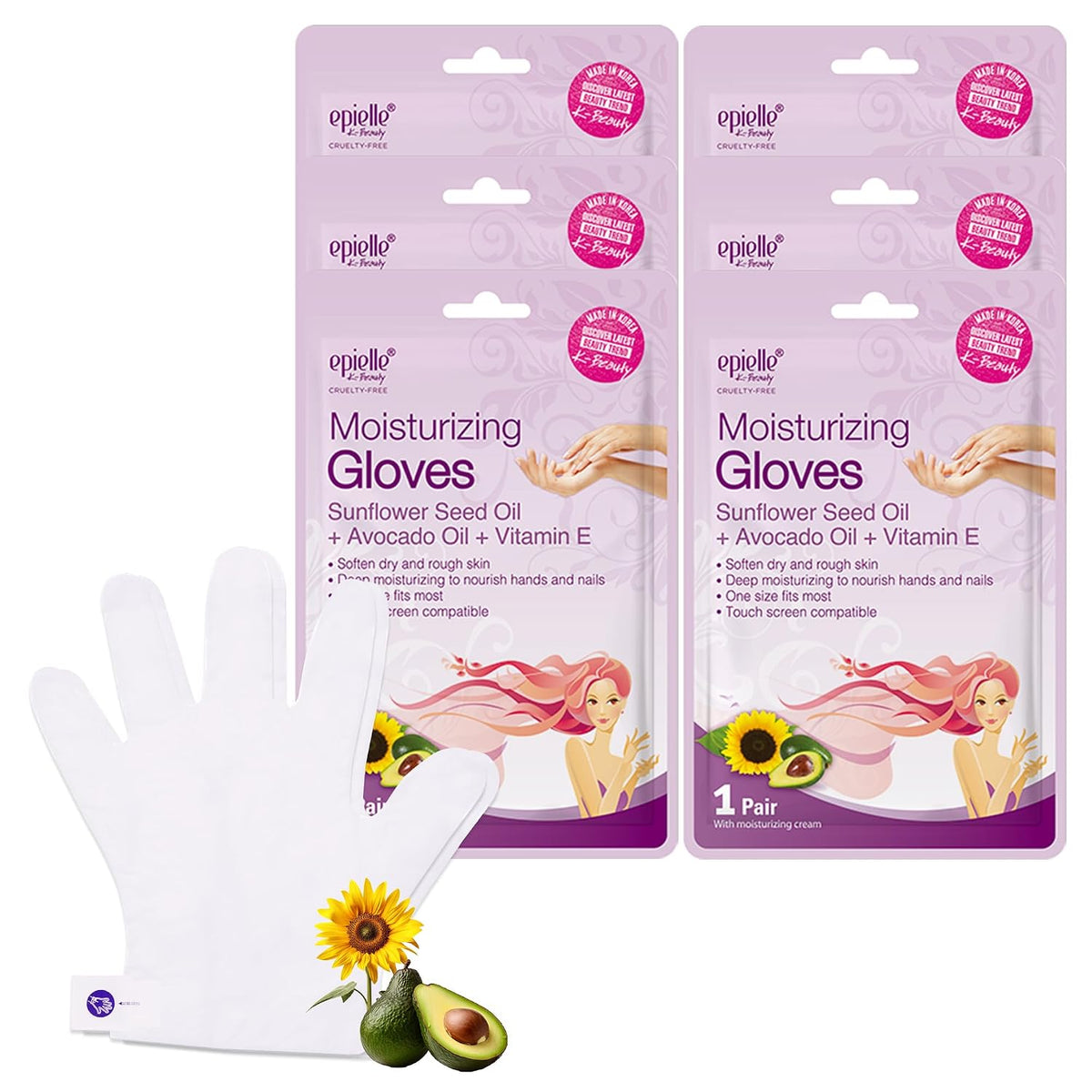 Epielle Moisturizing Hand Mask 6 Pairs, Soften with Sunflower Seed Oil & Vitamin E, Deep Moisturizing Gloves for Dry, Cracked Hands, Self Care Gifts for Women, Spa Kit