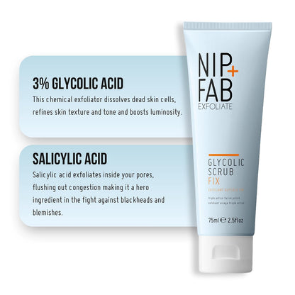 Nip + Fab Glycolic Fix Scrub (2.5 fl oz) – 3% Glycolic Acid 3-in-1 Facial Exfoliator – Brightening AHA Face Scrub with Salicylic Acid for Smooth Radiant Skin