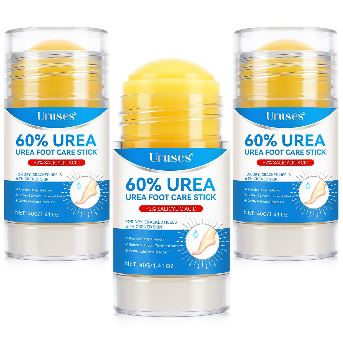 Uruses Urea Cream 60% plus Salicylic Acid 2% Urea Foot Care Stick, Foot Cream for Foot Callus Remover, Feet Moisturizer Stick for Dry Cracked Heels, Hands, Knees, Hydrating Heel Balm, Easy To Use