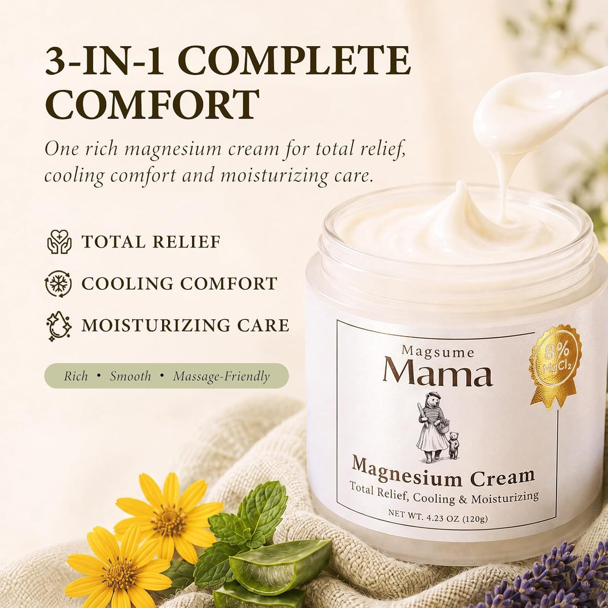 Mama-Bear Nerve Cream: Magnesium Lotion for Pain Relief with Arnica and MSM for Women and Men on Muscles Joints Feet Hands Legs - Fast Absorbing Non-Greasy 4 Oz