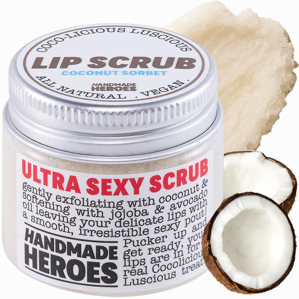 Handmade Heroes 100% Natural Lip Scrub, Vegan Conditioning Coconut Lip Exfoliator - Gentle Exfoliant, Ultra Sexy Sugar Lip Mask Polish and Scrubber for Chapped Dry and Dark Lips, 1oz (Coconut Sorbet)