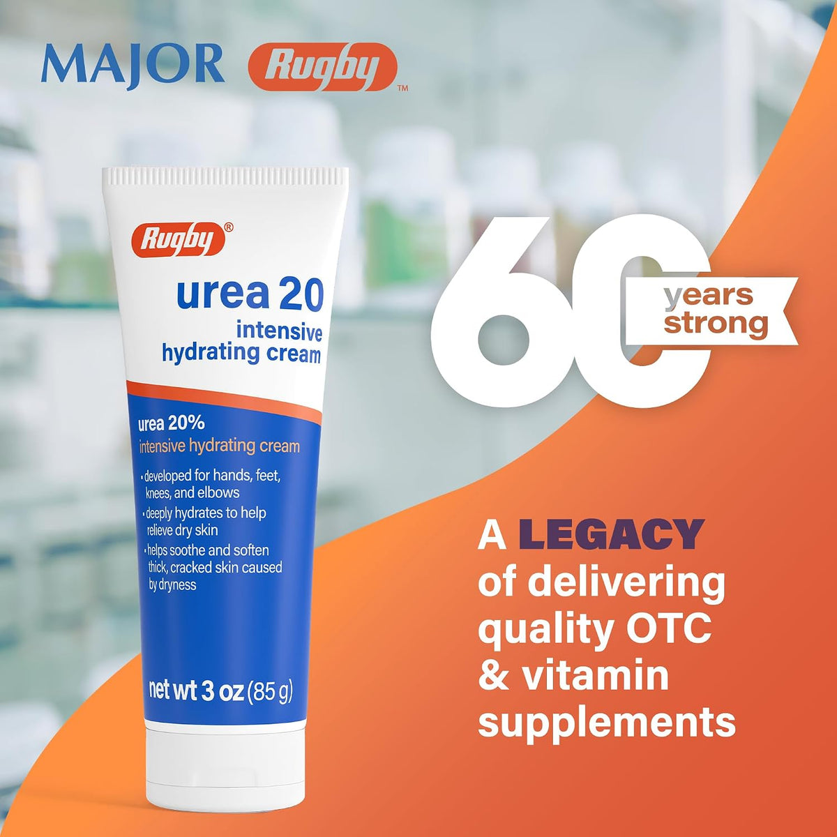 Rugby Urea 20% Intensive Hydrating Cream - Urea Cream for Feet, Hands, Knees, and Elbows - 3 Oz (1 Pack)