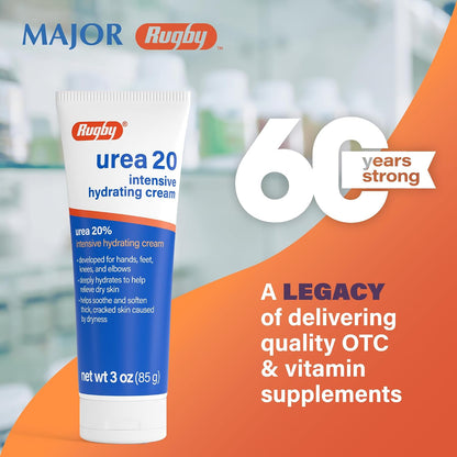 Rugby Urea 20% Intensive Hydrating Cream - Urea Cream for Feet, Hands, Knees, and Elbows - 3 Oz (1 Pack)