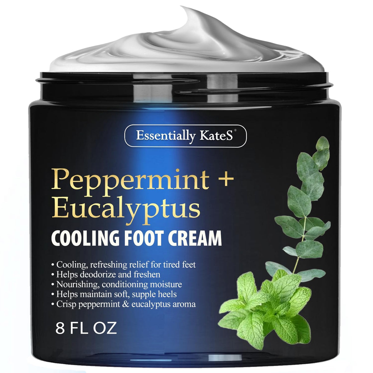 Essentially KateS Peppermint + Eucalyptus Cooling Foot Cream 8 Fl Oz – Relieves Dry, Cracked, Tired Feet – Deep Hydration with Ceramides – Non-Greasy Formula