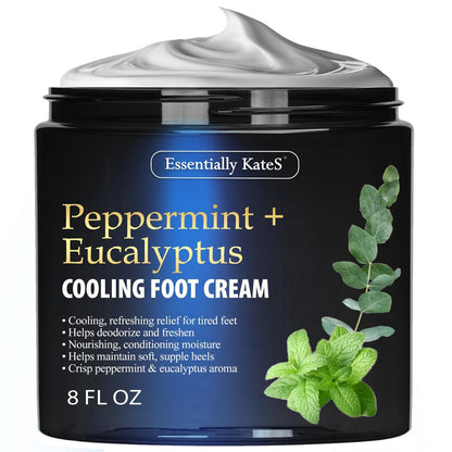 Essentially KateS Peppermint + Eucalyptus Cooling Foot Cream 8 Fl Oz – Relieves Dry, Cracked, Tired Feet – Deep Hydration with Ceramides – Non-Greasy Formula