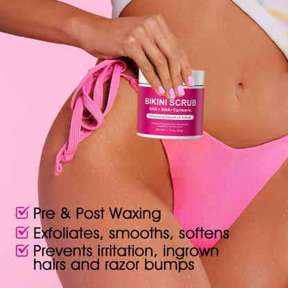 Bikini Area Exfoliator with 10% AHA+BHA & Turmeric, Ingrown Hair & Razor Bumps for Bikini Underarm Area, Skin Moisturizing, Smoothing, Even Skin Tone Exfoliating Body Scrub with Walnut Shell Powder