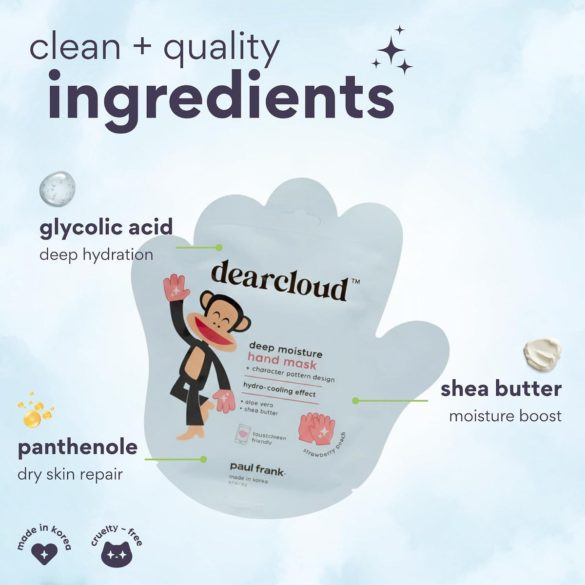 Paul Frank Hand Mask 3-Pack – Aloe & Shea Butter (Strawberry Peach)