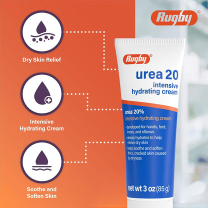 Rugby Urea 20% Intensive Hydrating Cream - Urea Cream for Feet, Hands, Knees, and Elbows - 3 Oz (1 Pack)