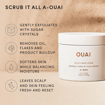 OUAI Scalp & Body Scrub, St. Barts - Exfoliating Body Scrub with Sugar & Coconut Oil Blend for Smooth, Moisturized Skin - Gentle Scalp Exfoliator for Removing Product Build Up (8.8 Oz)