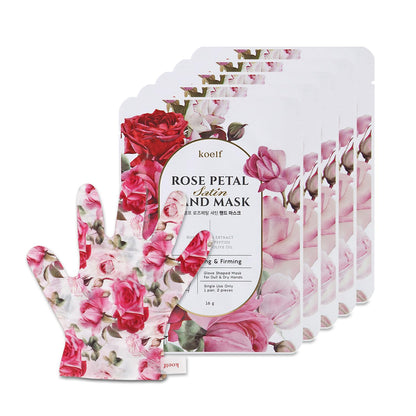 Koelf Rose Petal Satin Hand Mask (5 Pairs) - Korean Skin Care, Nourishing & Moisturizing Hand Gloves, Rose Scented Hand Masks with Peptides, Collagen & Shea Butter for Soft, Smooth Hands