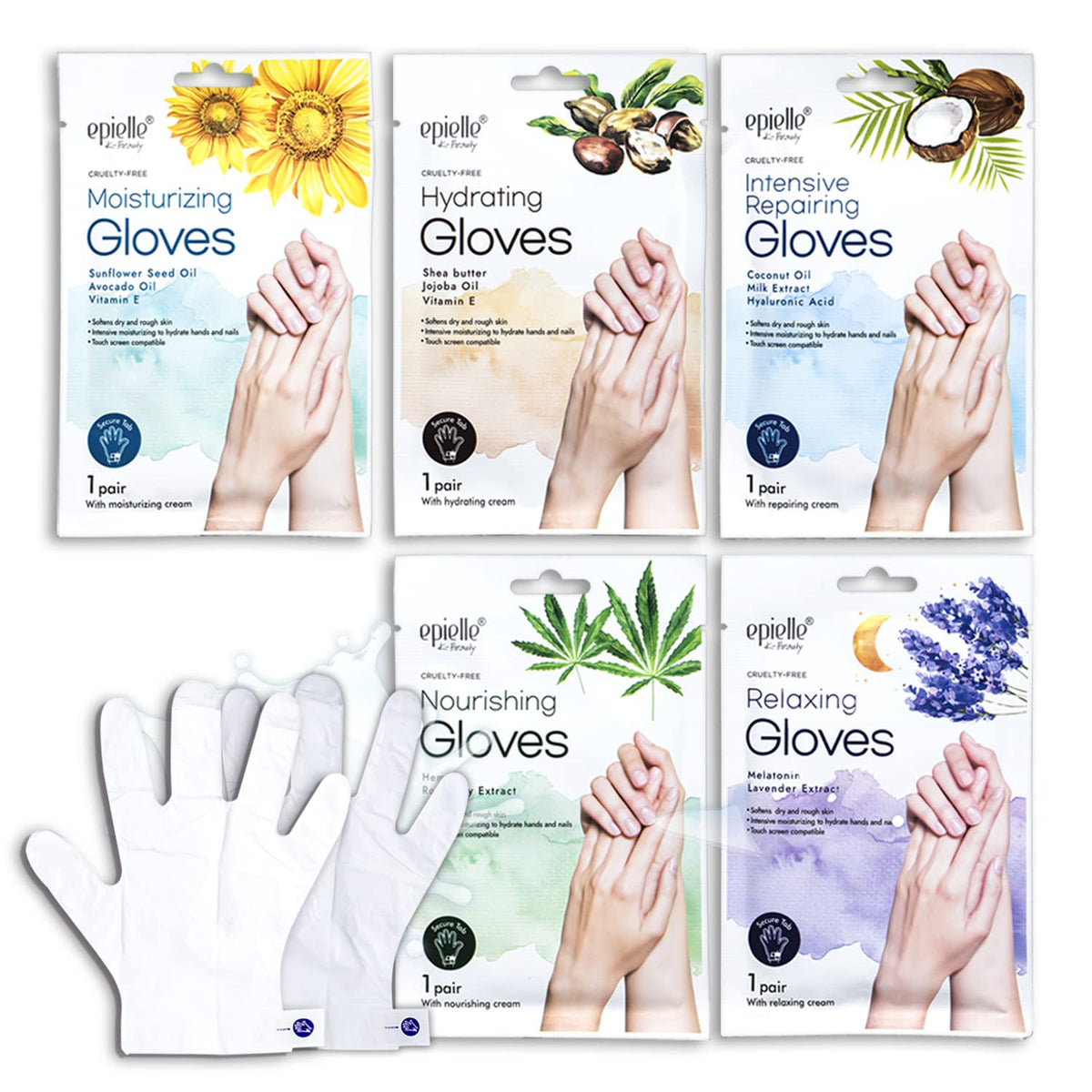 Epielle Assorted Hand Mask 5 Pairs, Deep Moisturizing Gloves for Dry, Rough Skin, Soften with Shea Butter, Self Care Gifts for Women, Spa Kit