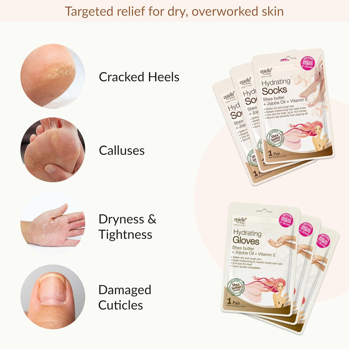 Epielle Hydrating Hand & Foot Masks, Relieve and Soften Dry, Overworked Skin, Self Care Gifts for Women, Spa Kit, 6 Moisturizing Gloves & 6 Moisturizing Socks