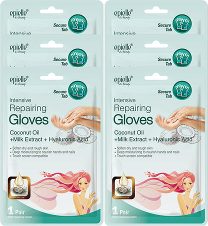 Epielle Intensive Repairing Hand Mask 6 Pairs, Soften with Coconut Oil & Milk Extract, Deep Moisturizing Gloves for Dry, Rough Skin, Self Care Gifts for Women, Spa Kit