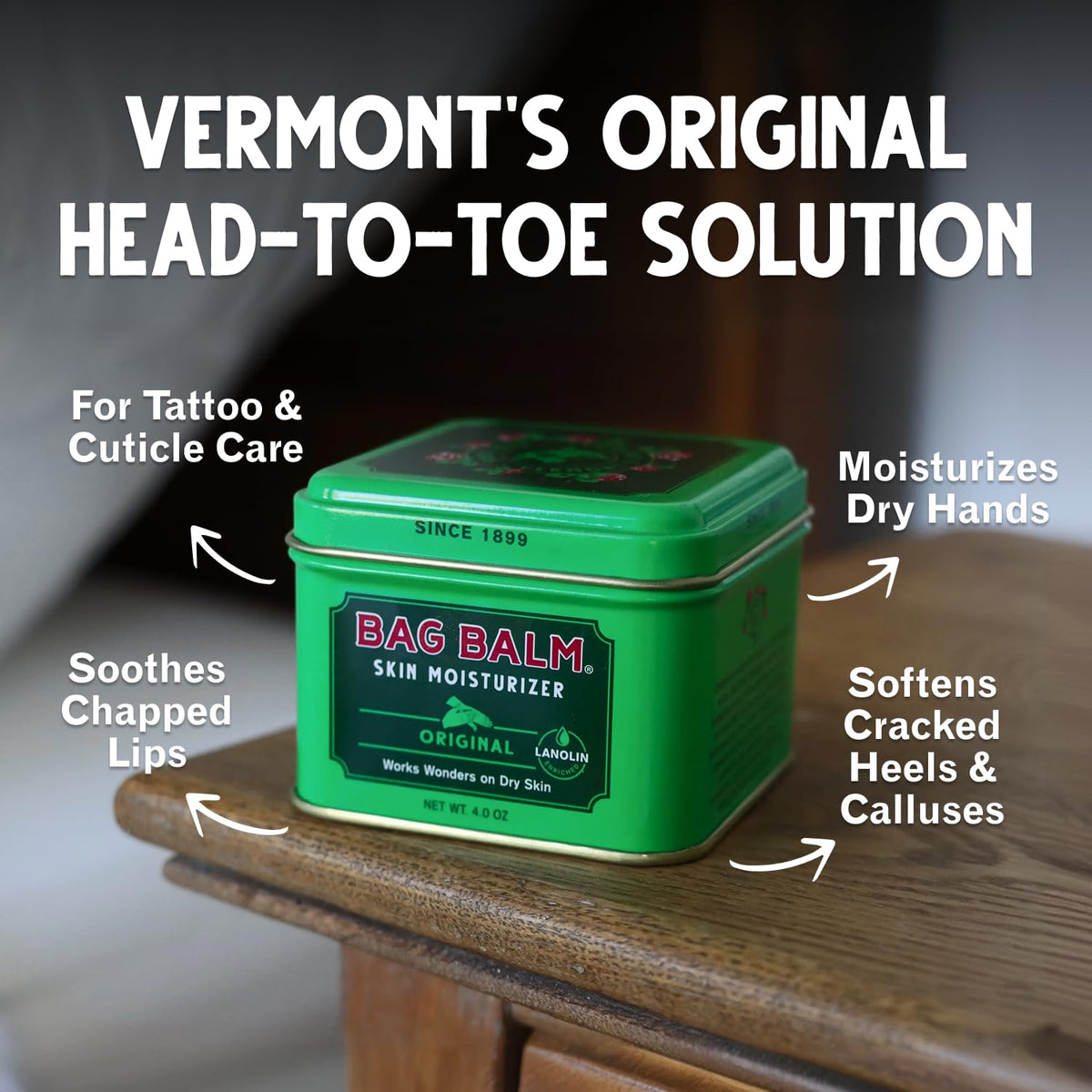 Bag Balm Vermont's Original Skin Moisturizer - Full Body Hydrating Skin Care: Dry Hands, Lips, Face, Feet & More - Unscented, Cruelty & Paraben Free - Day & Night, Men & Women (4oz Tin, Made in USA)