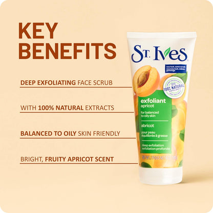 St. Ives Fresh Skin Apricot Face Scrub, Deep Exfoliator Skin Care for Clean, Glowing Skin, Oil-free Facial Scrub Made with 100% Natural Exfoliants, 6 oz, 4 Pack