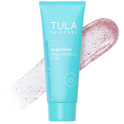 TULA Skin Care So Poreless Exfoliating Blackhead Scrub - Powerful and Gentle Exfoliation, Refreshing and Smoothing, Contains prebiotic Extracts, Volcanic Sand, Pink Salt, and Witch Hazel, 2.89 oz.