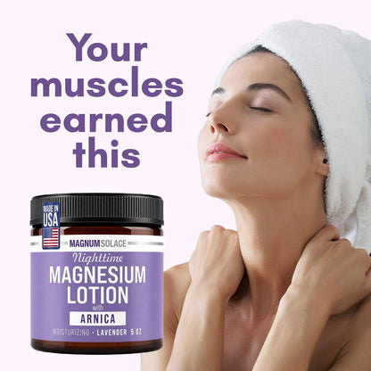 Magnum Solace Nighttime Magnesium Lotion with Arnica – Highly Concentrated Magnesium for Muscles & Joints – Apply to Legs or Feet Before Bed – Skin-Friendly