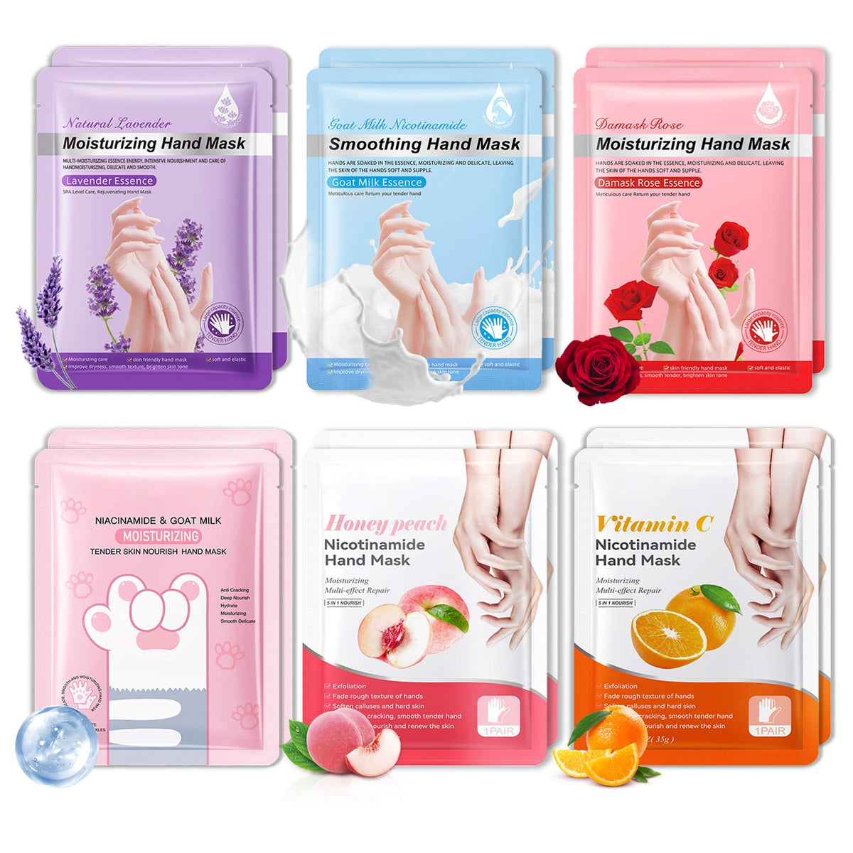6 Pairs Hand Mask for Dry Cracked Hands,Nourishing Moisturizing Gloves,Hands Moisturizer for Deep Moisturizing,Silky Smooth Moisturizing Gloves,Hand Care Mask Set(A)