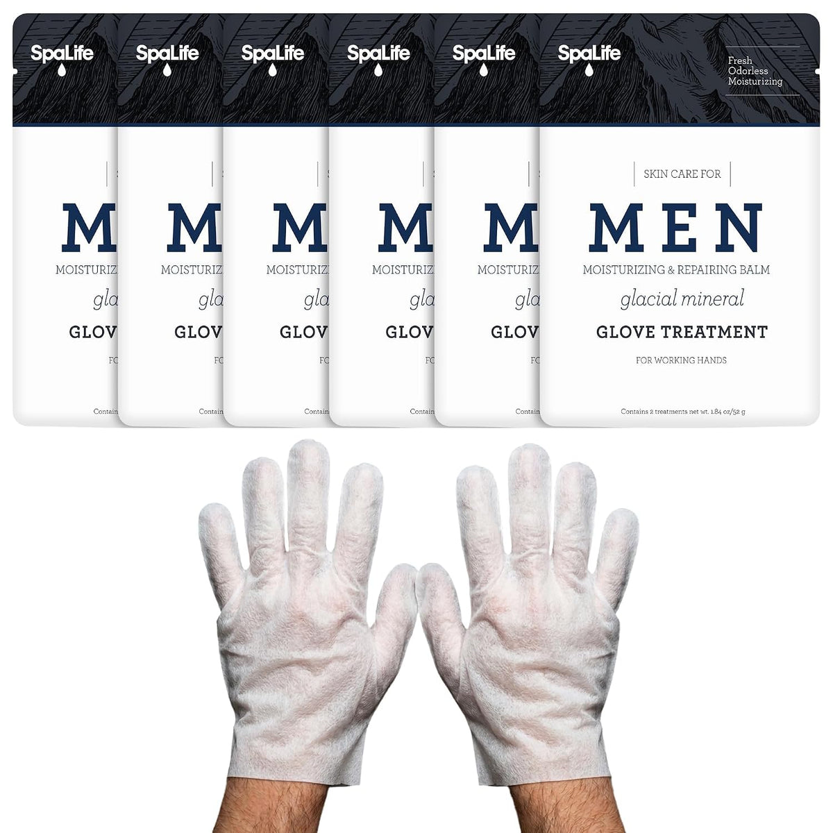 SpaLife Men's Cooling Mint Hand Moisturizing Gloves for Working Hands | Revitalizing & Hydrating Hand Mask for Softening Dry, Cracked Skin | One Size Fits Most | 6 Pairs