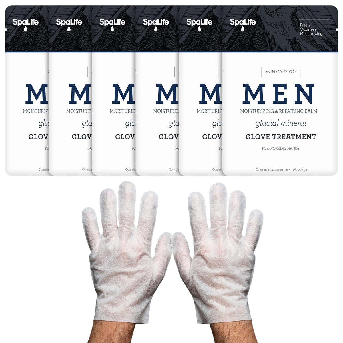 SpaLife Men's Cooling Mint Hand Moisturizing Gloves for Working Hands | Revitalizing & Hydrating Hand Mask for Softening Dry, Cracked Skin | One Size Fits Most | 6 Pairs
