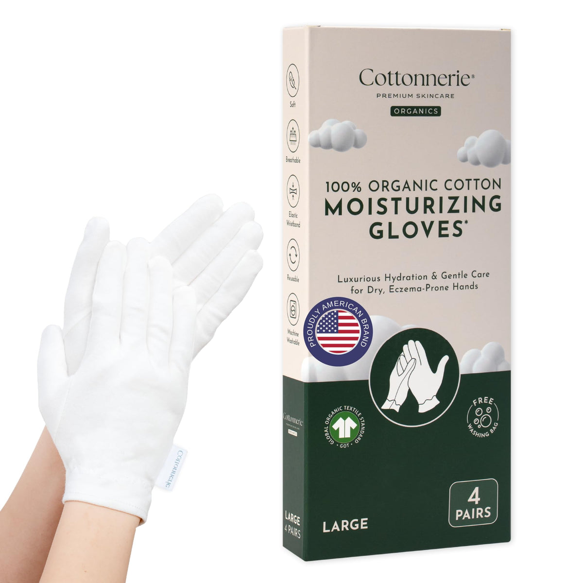 4 Pairs Cottonnerie Basics Cotton Gloves for Dry Hands Sleeping, Moisturizing Gloves Overnight, Hand Moisturizer Gloves, Moisture Gloves for Dry Hands Overnight, Sleeping Gloves, Medium