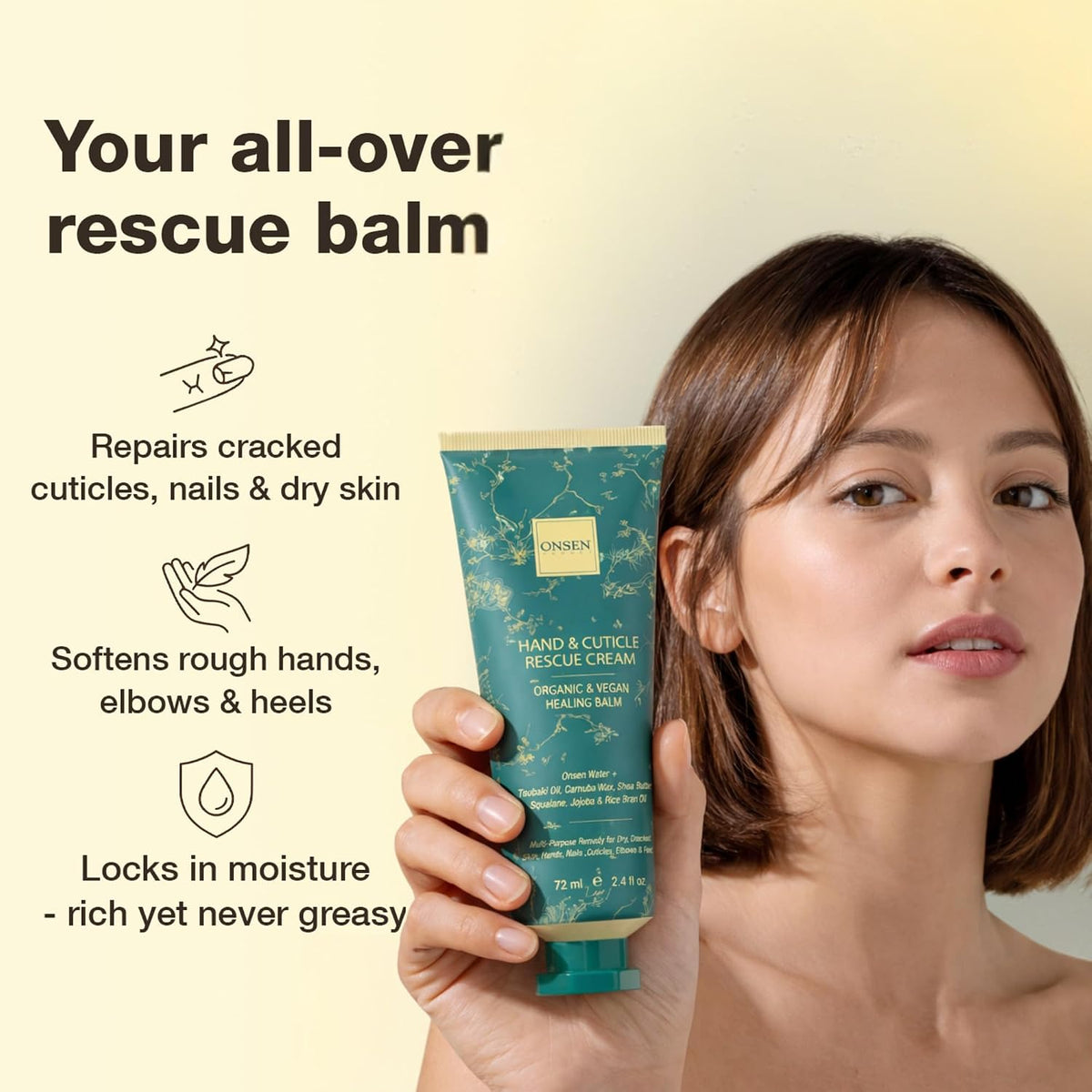 ONSEN Hand & Cuticle Rescue Cream | Organic Nail Strengthener & Balm | Dry, Cracked Hands, Elbows & Feet | Shea Butter, Tsubaki & Jojoba Oil | Nail Repair & Growth, Vegan - 1 Pack (2.4 fl. oz)