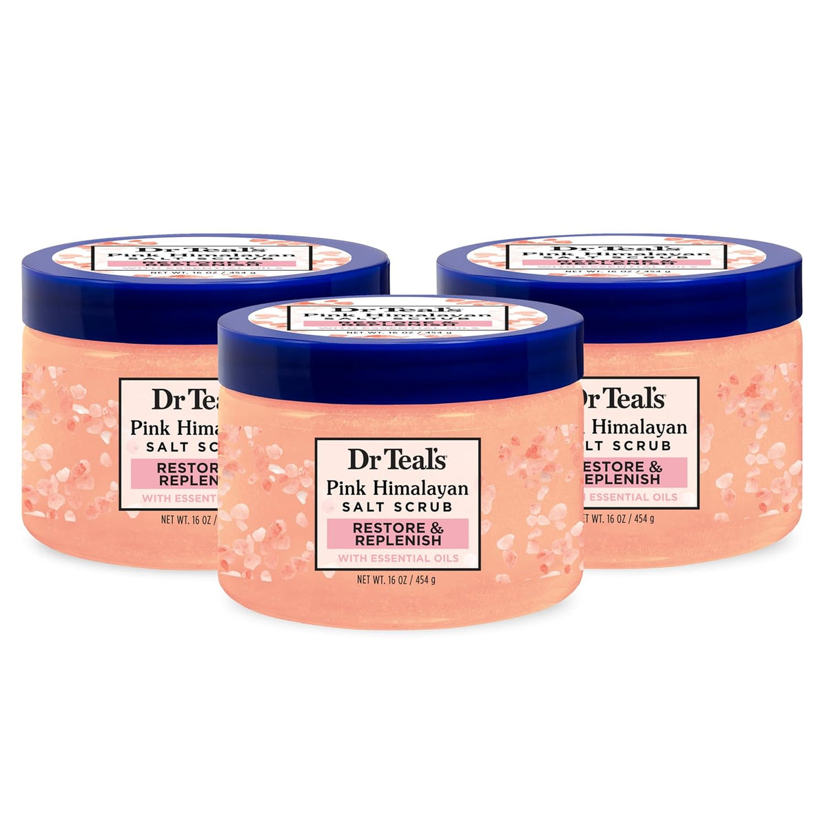 Dr Teal's Pink Himalayan Salt Body Scrub, Restore & Replenish with Pure Epsom Salt & Essential Oils, 16 oz (Pack of 3)