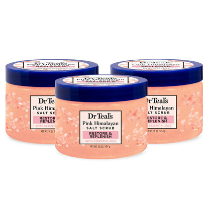 Dr Teal's Pink Himalayan Salt Body Scrub, Restore & Replenish with Pure Epsom Salt & Essential Oils, 16 oz (Pack of 3)