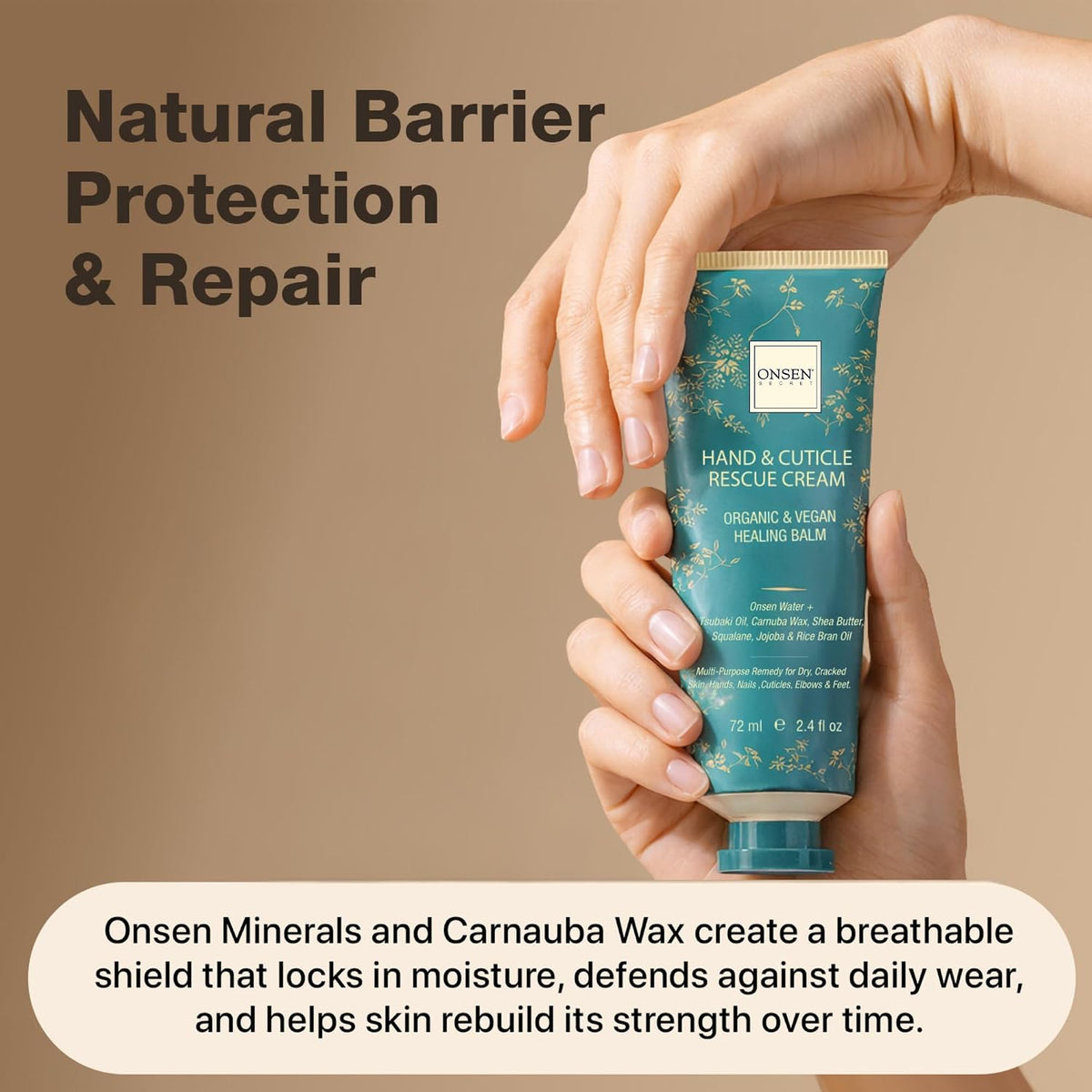 ONSEN Hand & Cuticle Rescue Cream | Organic Nail Strengthener & Balm | Dry, Cracked Hands, Elbows & Feet | Shea Butter, Tsubaki & Jojoba Oil | Nail Repair & Growth, Vegan - 1 Pack (2.4 fl. oz)
