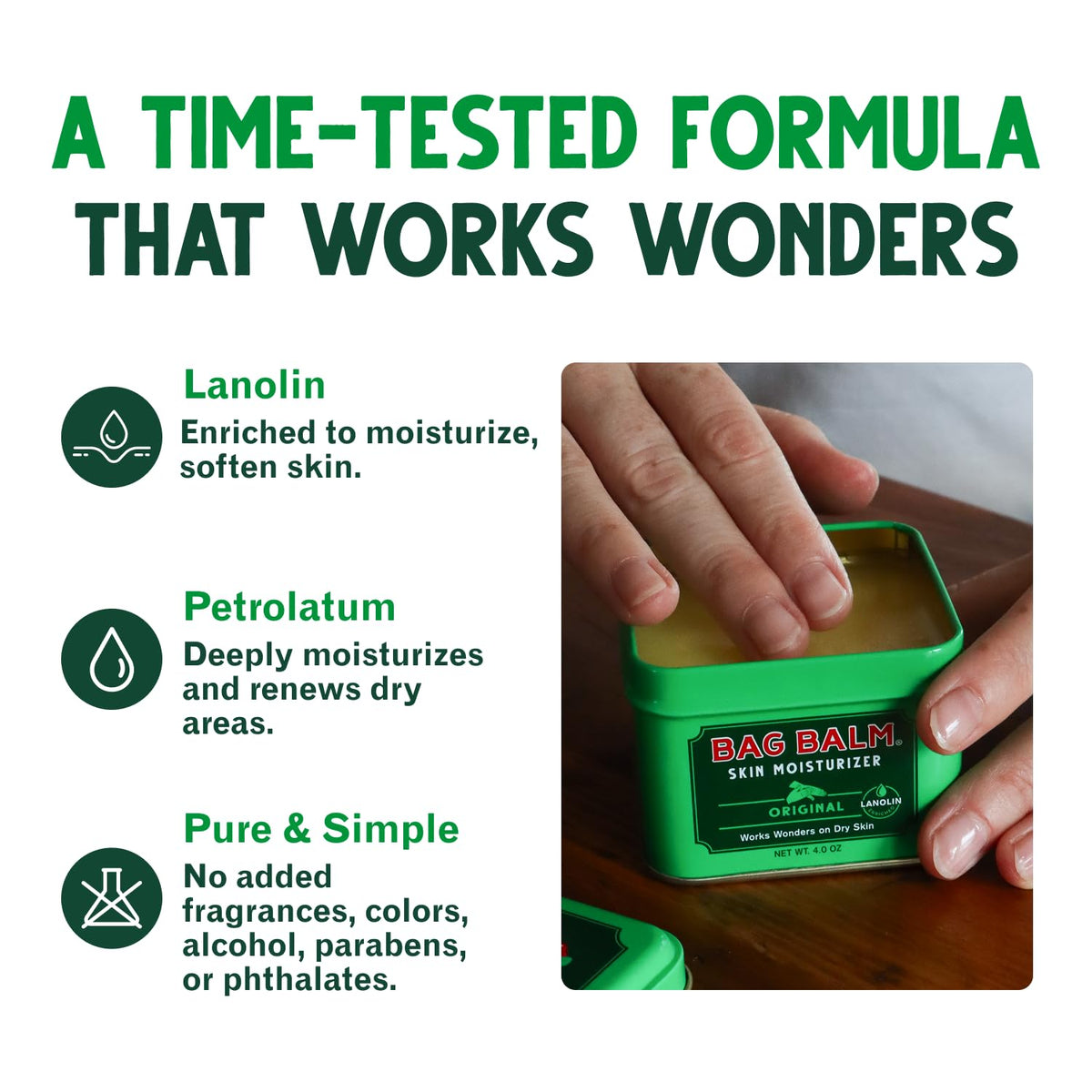 Bag Balm Vermont's Original Skin Moisturizer - Full Body Hydrating Skin Care: Dry Hands, Lips, Face, Feet & More - Unscented, Cruelty & Paraben Free - Day & Night, Men & Women (4oz Tin, Made in USA)