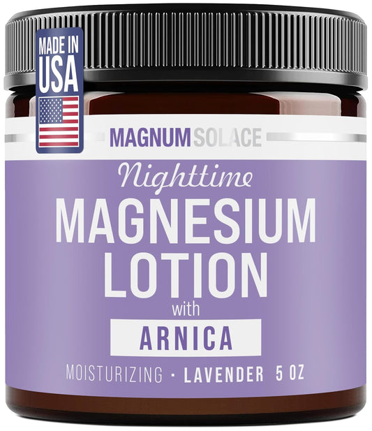 Magnum Solace Nighttime Magnesium Lotion with Arnica – Highly Concentrated Magnesium for Muscles & Joints – Apply to Legs or Feet Before Bed – Skin-Friendly