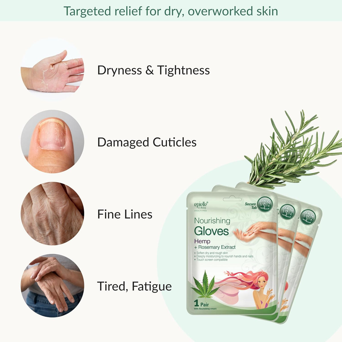 Epielle Nourishing Hand Mask 6 Pairs, Repair and Soften with Hemp & Rosemary Extract, Deep Moisturizing Gloves for Dry, Cracked Hands, Self Care Gifts for Women, Spa Kit
