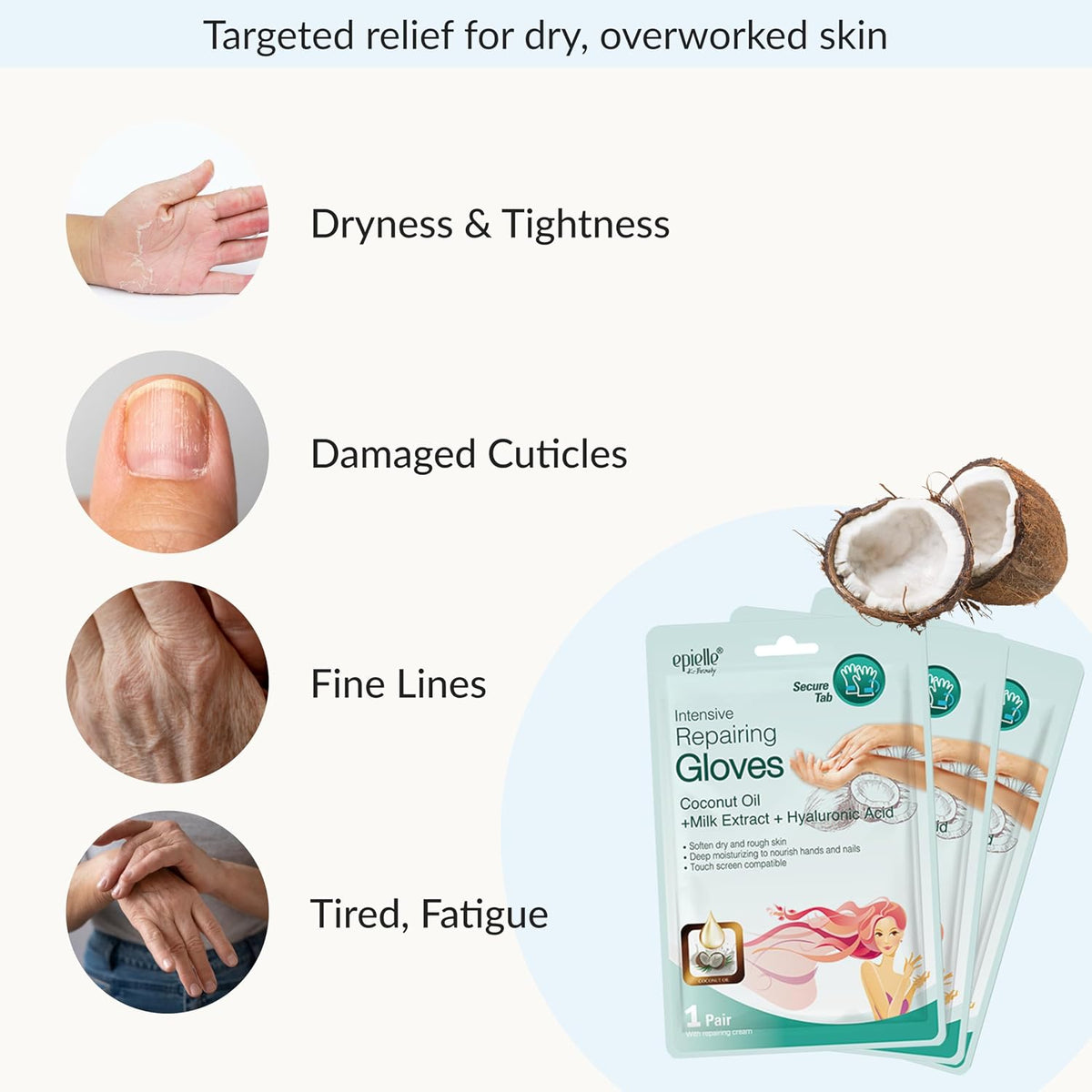 Epielle Intensive Repairing Hand Mask 6 Pairs, Soften with Coconut Oil & Milk Extract, Deep Moisturizing Gloves for Dry, Rough Skin, Self Care Gifts for Women, Spa Kit