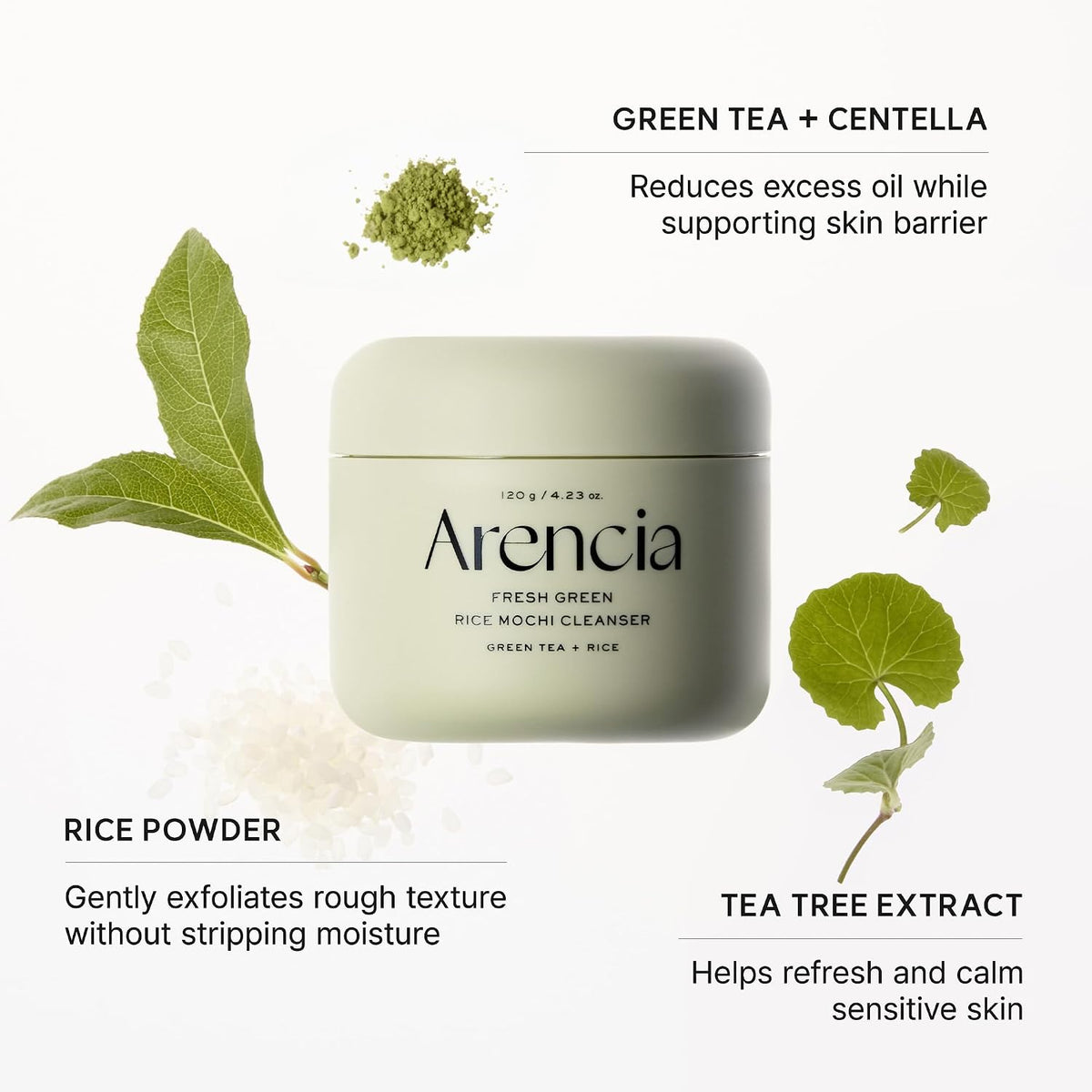 Arencia Korean Rice Mochi Face Cleanser - Face Wash, Gentle Scrub All in One for Deep Cleansing, Moisturizing, Pore Minimizing with Rice Water & Green Tea (4.23oz)