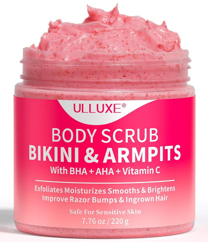 Bikini Area Exfoliator with 10% AHAs BHA & Vitamin C, Exfoliating Body Scrub for Ingrown Hair and Underarm Bumps, Dark Spots, Moisturize Brighten Soothe & Even Skin Tone, Sensitive Skin Safe, 7.76 oz