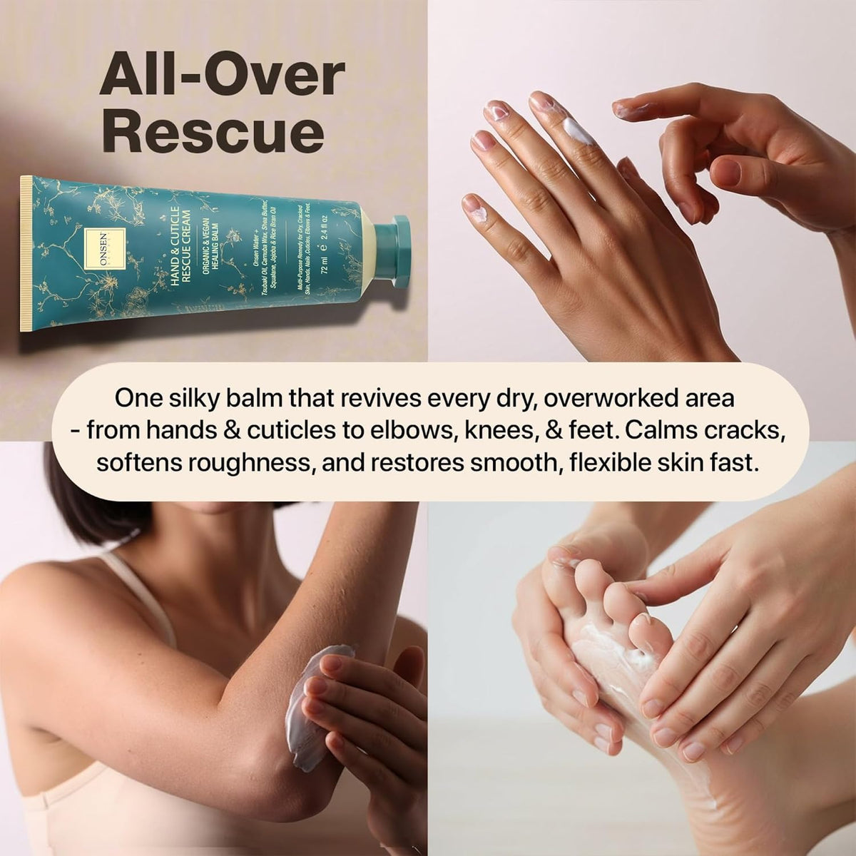 ONSEN Hand & Cuticle Rescue Cream | Organic Nail Strengthener & Balm | Dry, Cracked Hands, Elbows & Feet | Shea Butter, Tsubaki & Jojoba Oil | Nail Repair & Growth, Vegan - 1 Pack (2.4 fl. oz)