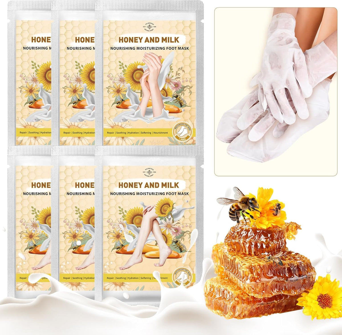 TEAWOO Hydrating Hand and Foot Mask with Honey & Milk, Vitamin E