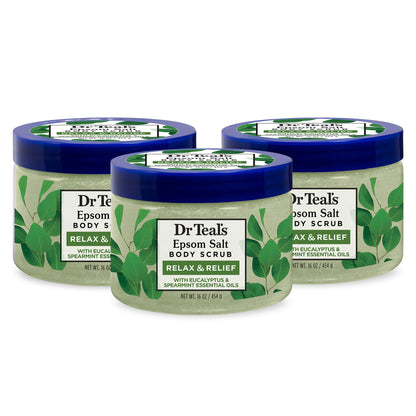 Dr Teal's Pink Himalayan Salt Body Scrub, Restore & Replenish with Pure Epsom Salt & Essential Oils, 16 oz (Pack of 3)