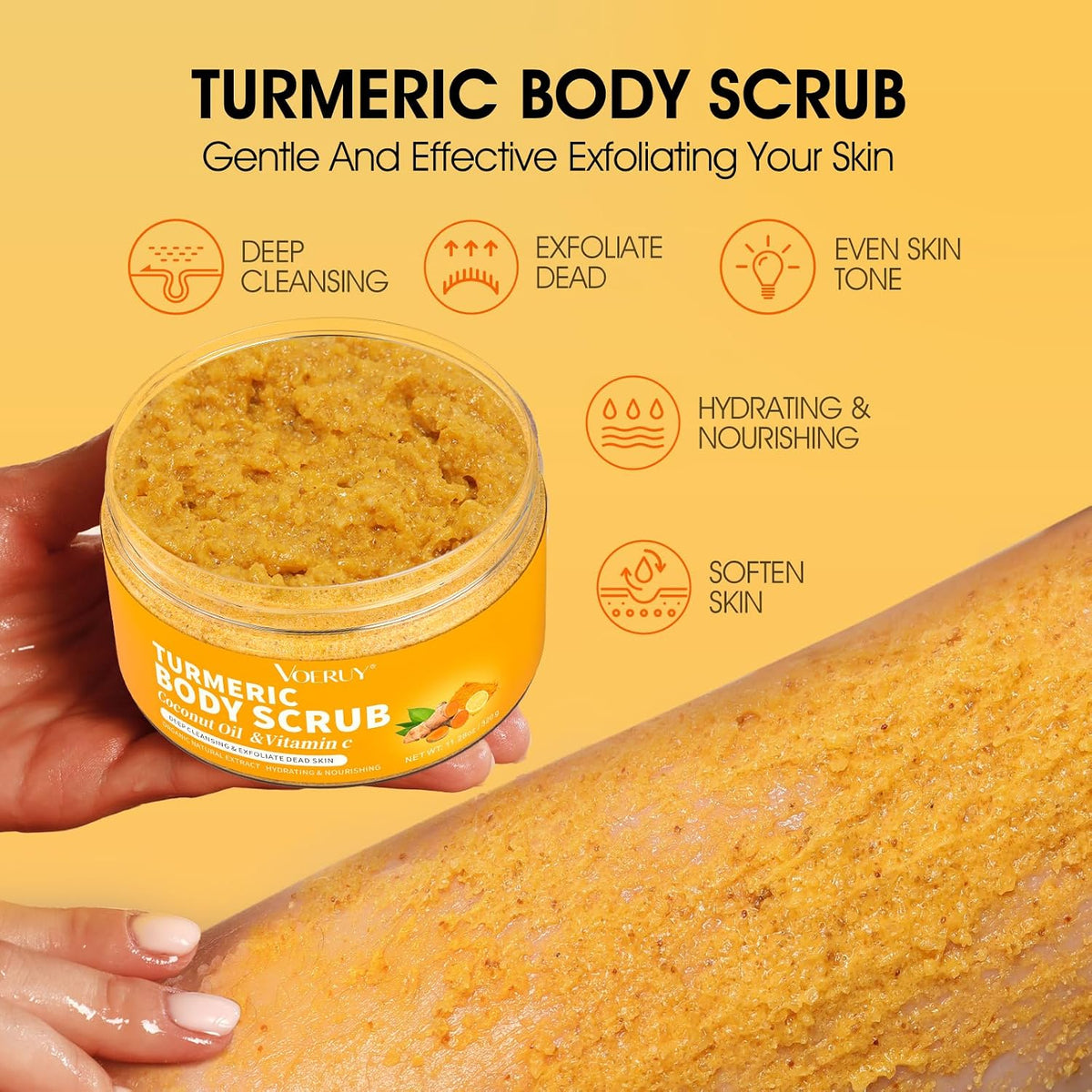 VOERUY Body Scrub, Turmeric Exfoliating Body Scrub, with Coconut Oil & Vitamin C, Bikini Area Exfoliator Gently Exfoliate Body Hand and Foot Scrub, Moisturized Skin for Women and Men, 11.28oz/320g